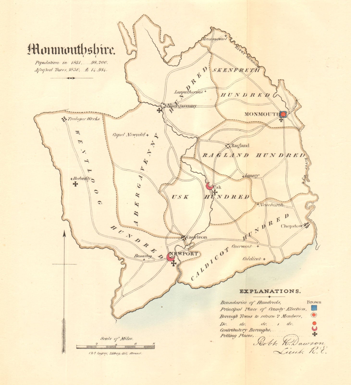 Monmouthshire county map. Principal/contributory boroughs REFORM ACT.DAWSON 1832